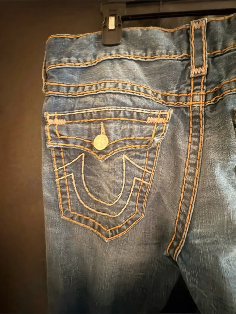True Religion Men's Dark Blue Bootcut Jeans with Contrast Stitching